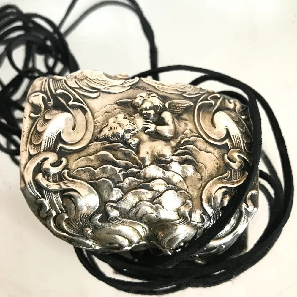 Antique Sterling Silver 925 Cuff Tie Wrap Bracelet Victorian Cherub Putti Biker - Picture 11 of 13